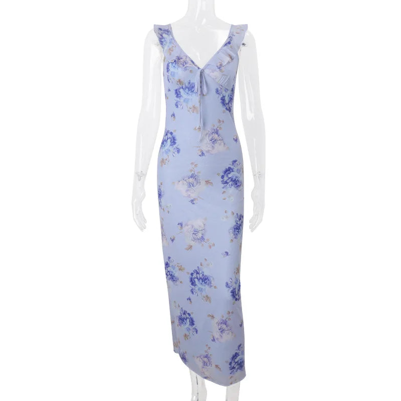 Cryptographic Floral Print Plunge Maxi Dress