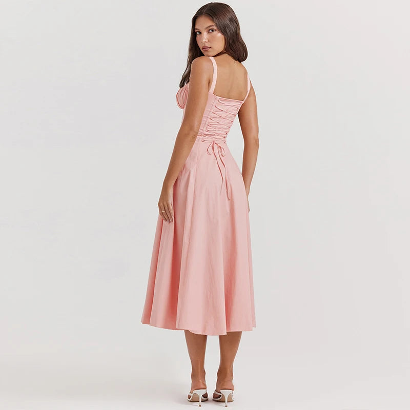 Suninheart Floral Print Midi Dress with Slit and Lace-Up Detail