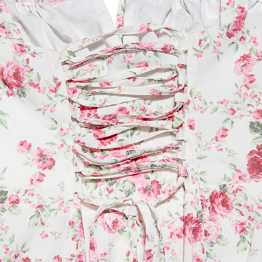 Suninheart Floral Print Midi Dress with Slit and Lace-Up Detail
