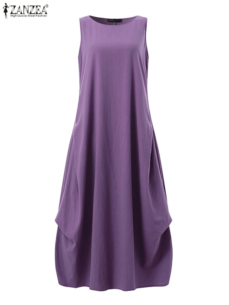 ZANZEA Oversized Cotton Maxi Dress for Women - Casual Sleeveless Summer Style