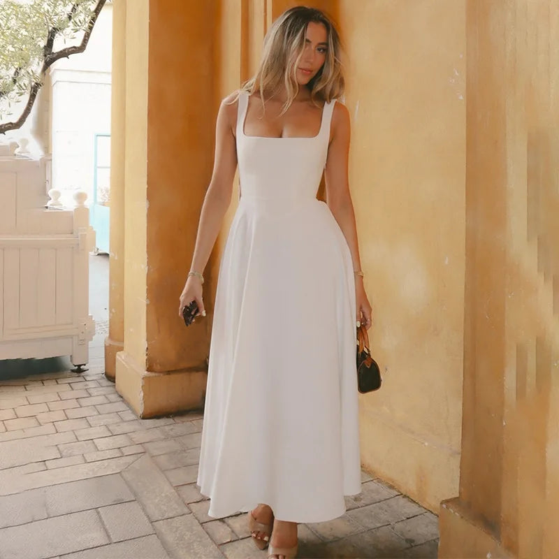 Julissa MO Sexy Square Collar Maxi Dress with Spaghetti Straps