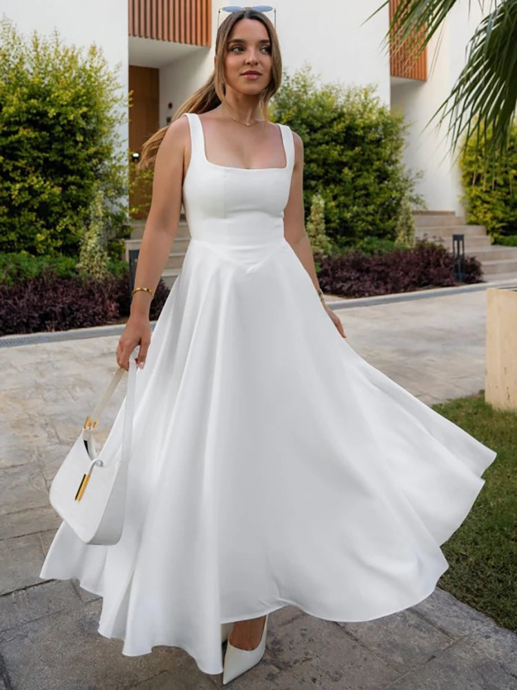Julissa MO Sexy Square Collar Maxi Dress with Spaghetti Straps