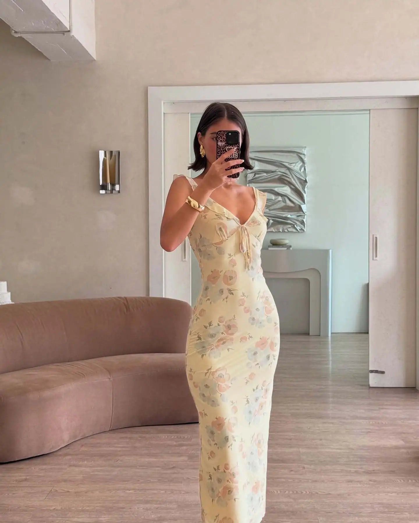Cryptographic Floral Print Plunge Maxi Dress
