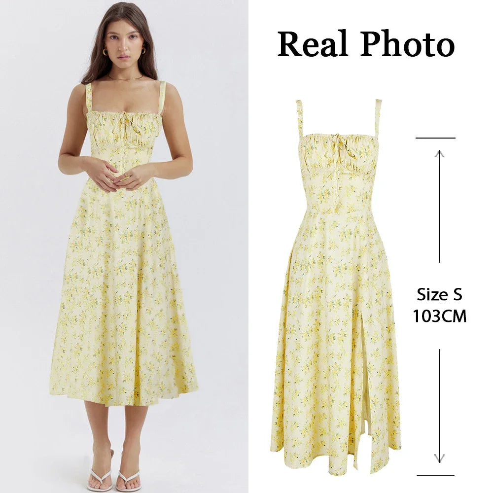 Suninheart Floral Print Midi Dress with Slit and Lace-Up Detail