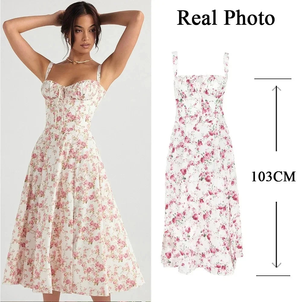 Suninheart Floral Print Midi Dress with Slit and Lace-Up Detail
