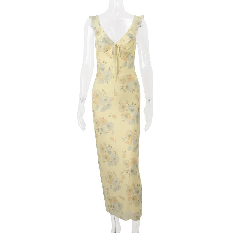 Cryptographic Floral Print Plunge Maxi Dress