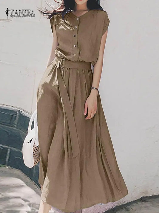 ZANZEA Women’s Elegant Mid-Calf Casual Dress with Belt