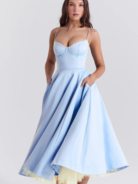 Suninheart Summer Spaghetti Strap Midi Dress with Elegant Fit and Flare Design