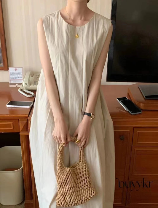 REALEFT Women's Casual A-Line Pleated Tank Dress with Pockets
