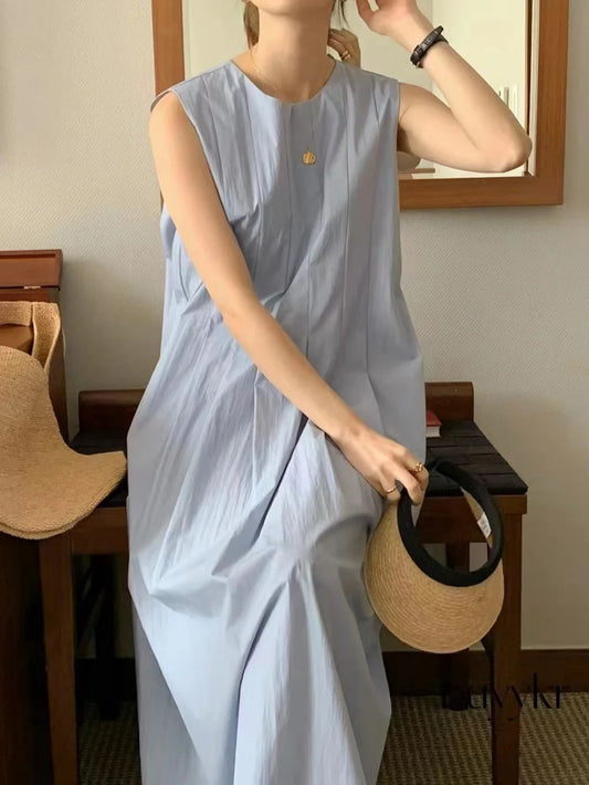 REALEFT Women's Casual A-Line Pleated Tank Dress with Pockets