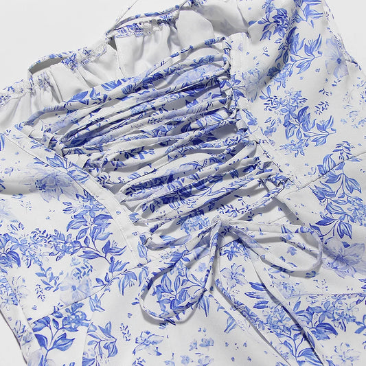 Suninheart Floral Print Midi Dress with Slit and Lace-Up Detail