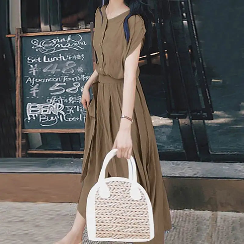 ZANZEA Women’s Elegant Mid-Calf Casual Dress with Belt