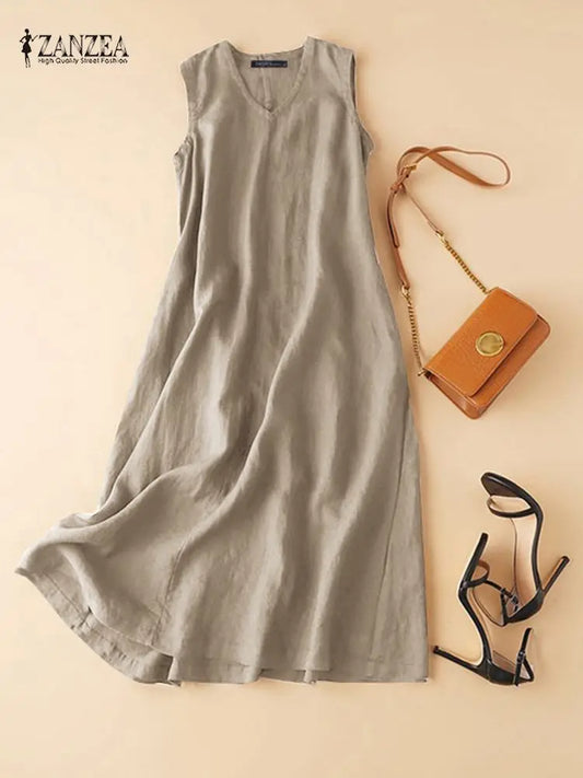 ZANZEA Women's Ankle-Length V-Neck Cotton Sundress