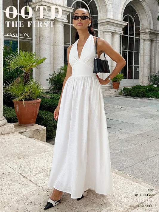 Bornladies V-Neck Cotton Camisole Dress with Waist Cinch