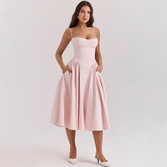Elegant Backless Spaghetti Strap Midi Dress for Women
