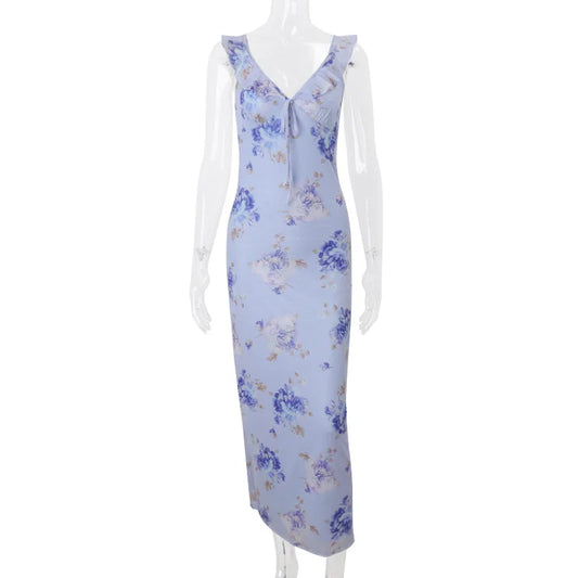 Cryptographic Floral Print Plunge Maxi Dress