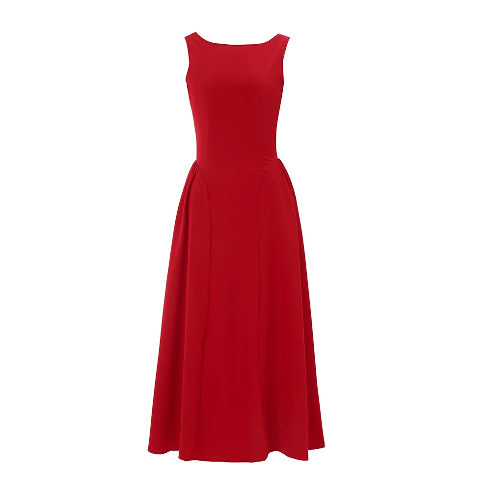 Suninheart 2025 Elegant Red Sleeveless Midi Dress