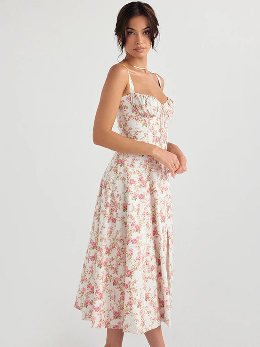 Suninheart Floral Print Midi Dress with Slit and Lace-Up Detail
