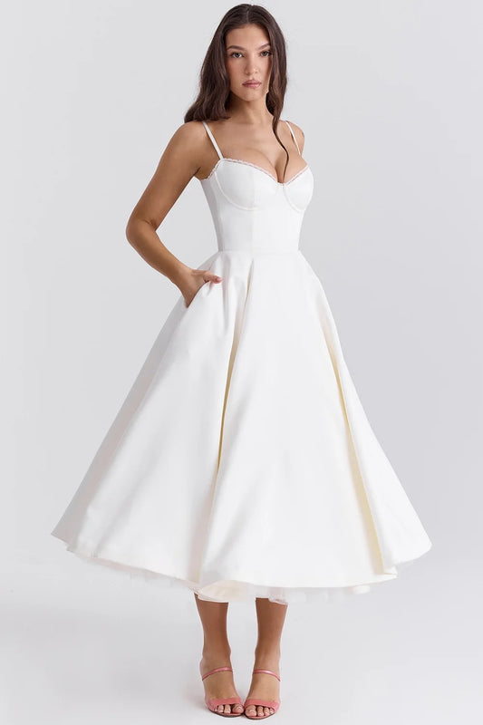 Suninheart Summer Spaghetti Strap Midi Dress with Elegant Fit and Flare Design