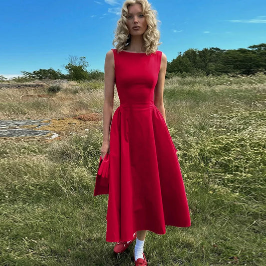 Suninheart 2025 Elegant Red Sleeveless Midi Dress