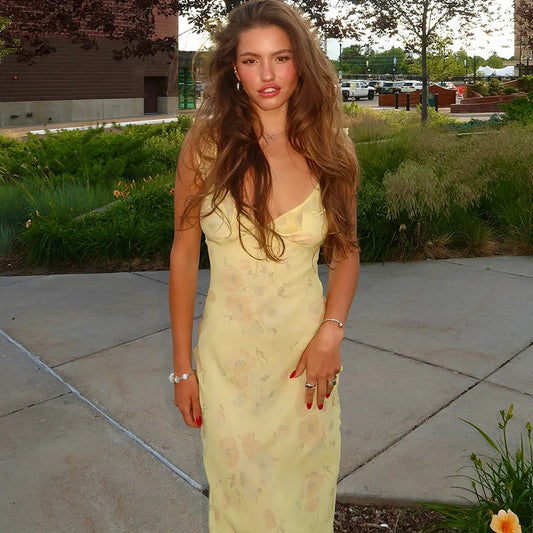 Cryptographic Floral Print Plunge Maxi Dress