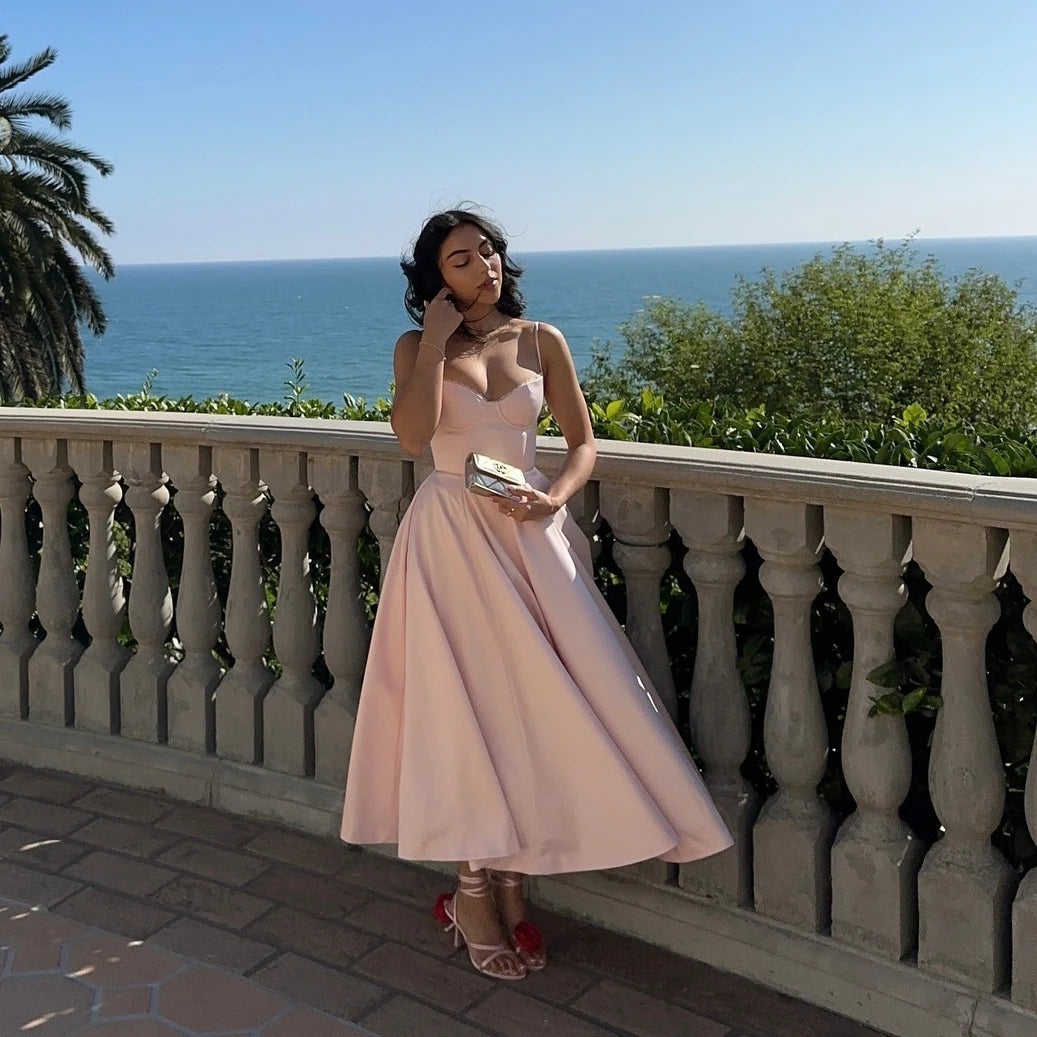 Suninheart Summer Spaghetti Strap Midi Dress with Elegant Fit and Flare Design