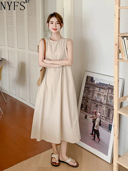 NYFS 2025 Summer Loose Cotton A-Line Backless Dress for Women (L-4XL)