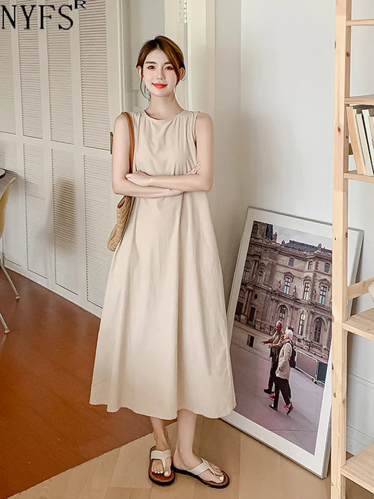 NYFS 2025 Summer Loose Cotton A-Line Backless Dress for Women (L-4XL)