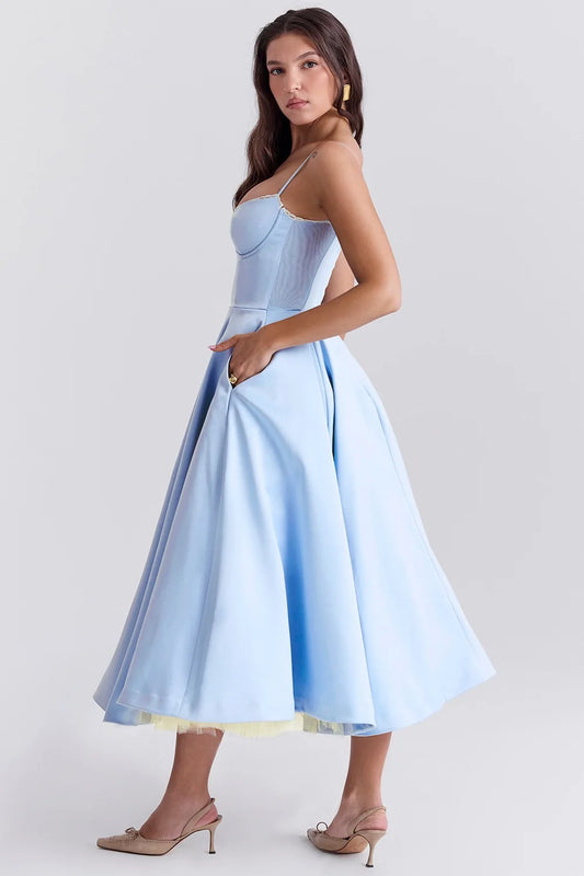 Suninheart Summer Spaghetti Strap Midi Dress with Elegant Fit and Flare Design
