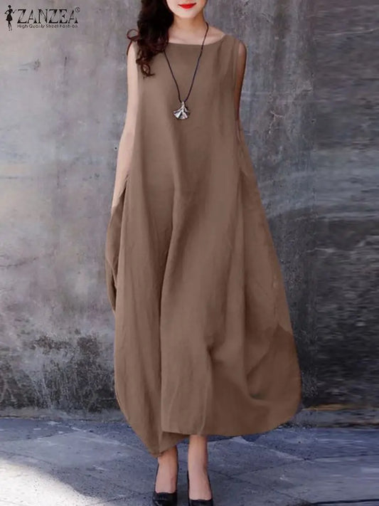 ZANZEA Oversized Cotton Maxi Dress for Women - Casual Sleeveless Summer Style