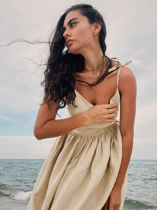 Bornladies Vintage A-line Cotton V-neck Sling Dress