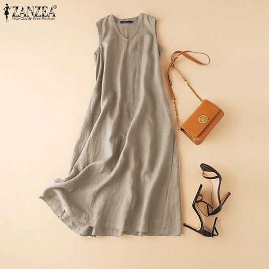 ZANZEA Women's Ankle-Length V-Neck Cotton Sundress