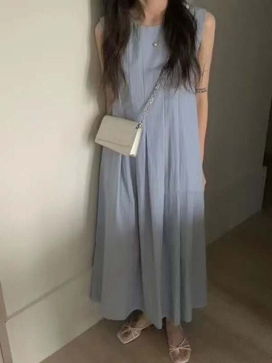 REALEFT Women's Casual A-Line Pleated Tank Dress with Pockets
