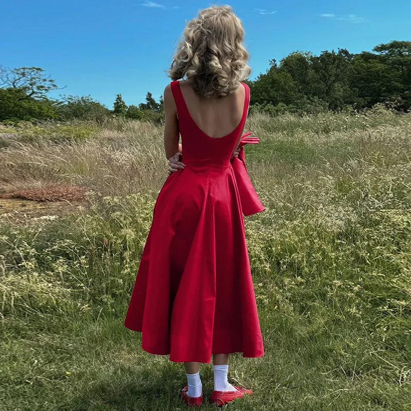 Suninheart 2025 Elegant Red Sleeveless Midi Dress