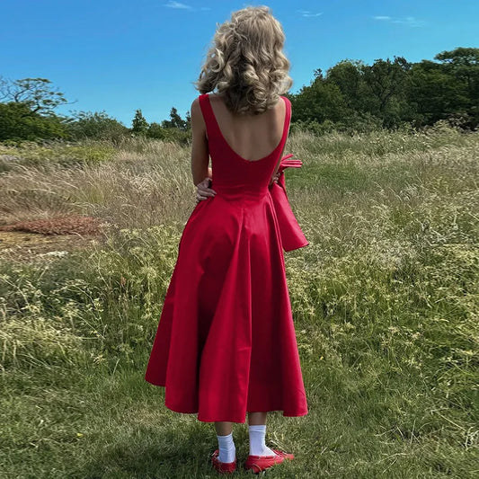 Suninheart 2025 Elegant Red Sleeveless Midi Dress