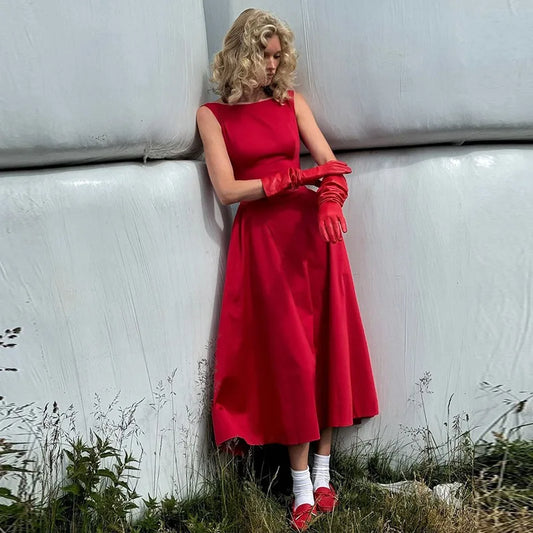 Suninheart 2025 Elegant Red Sleeveless Midi Dress