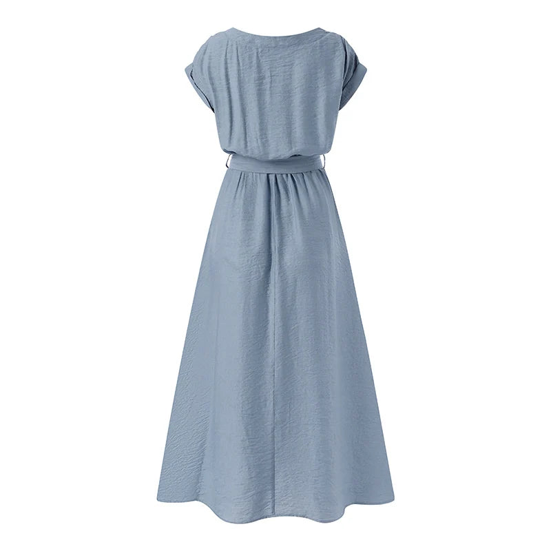 ZANZEA Women’s Elegant Mid-Calf Casual Dress with Belt