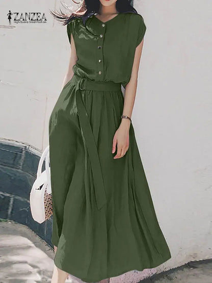 ZANZEA Women’s Elegant Mid-Calf Casual Dress with Belt
