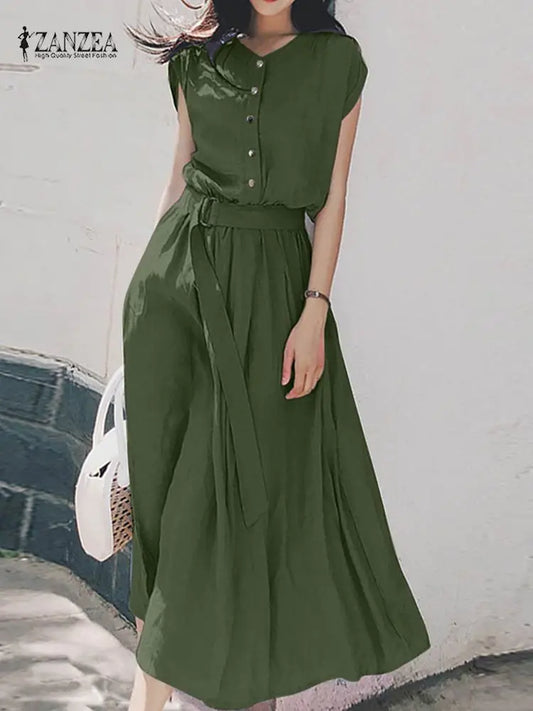 ZANZEA Women’s Elegant Mid-Calf Casual Dress with Belt