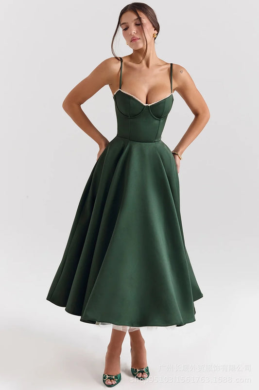 Suninheart Summer Spaghetti Strap Midi Dress with Elegant Fit and Flare Design