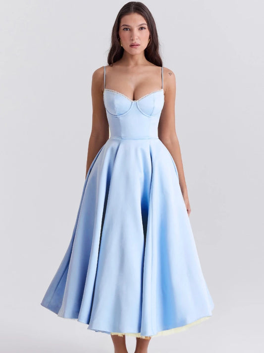Suninheart Summer Spaghetti Strap Midi Dress with Elegant Fit and Flare Design