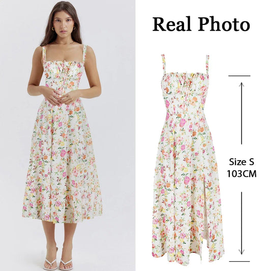 Suninheart Floral Print Midi Dress with Slit and Lace-Up Detail