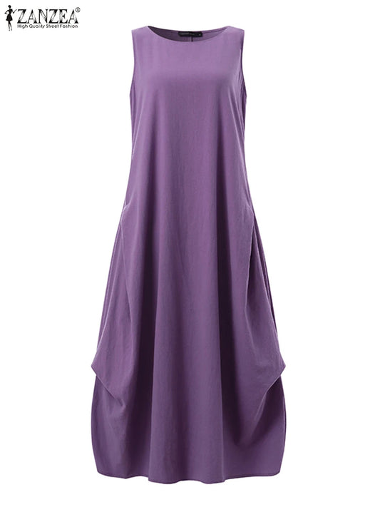 ZANZEA Oversized Cotton Maxi Dress for Women - Casual Sleeveless Summer Style