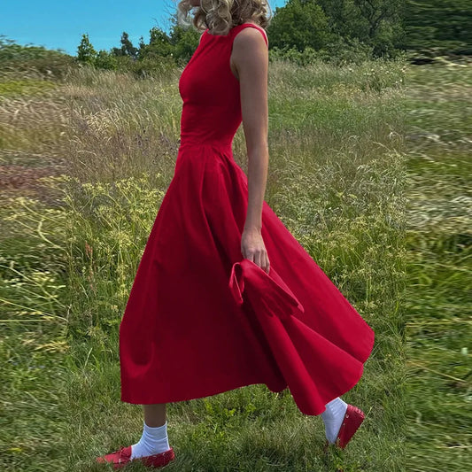 Suninheart 2025 Elegant Red Sleeveless Midi Dress
