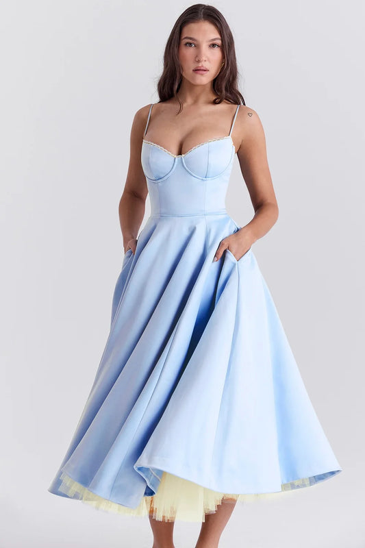 Suninheart Summer Spaghetti Strap Midi Dress with Elegant Fit and Flare Design