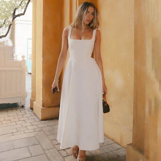 Julissa MO Sexy Square Collar Maxi Dress with Spaghetti Straps