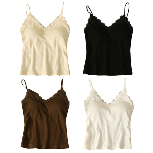 Four Womens Crop Top Korean Version camisoles with lace trim are shown in cream, black, brown, and white. These spaghetti strap tops are displayed in a 2x2 grid on a plain background.