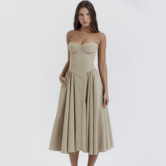 Elegant Backless Spaghetti Strap Midi Dress for Women
