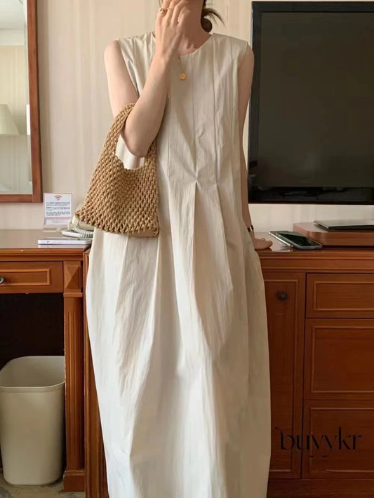 REALEFT Women's Casual A-Line Pleated Tank Dress with Pockets