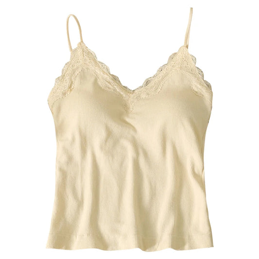 The Womens Crop Top Korean Version is a cream-colored camisole with thin spaghetti straps and lace detailing on the V-neckline, shown on a white background.